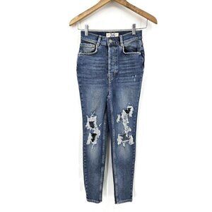 NWOT We The Free Destroyed Jeans Womens 26 Blue Button Fly Skinny Distressed